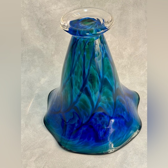 Blue-Green Tall Wave Glass Vase by The Glass Forge 10” Tall - Picture 4 of 5